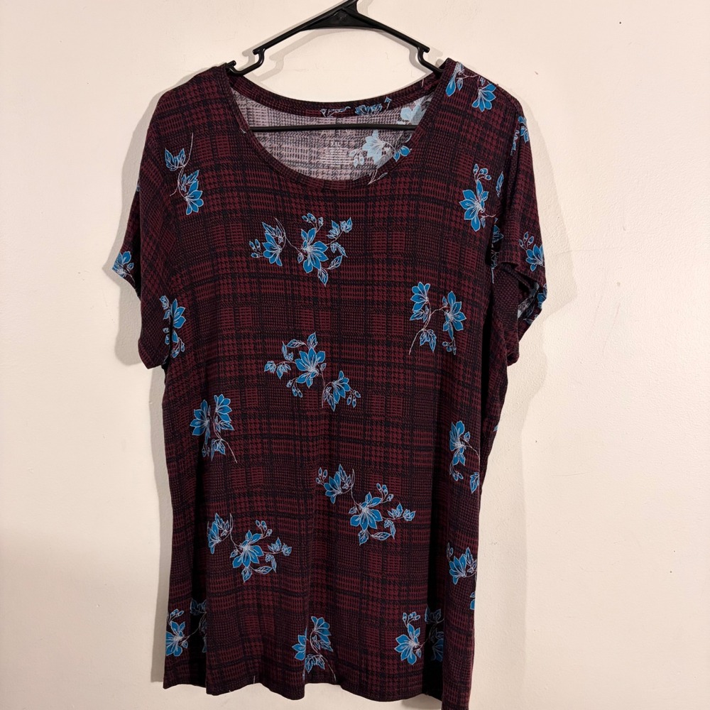 Apt. 9 Top Womens XXL Burgundy Plaid Blue Floral Short Sleeve CASUAL CHIC